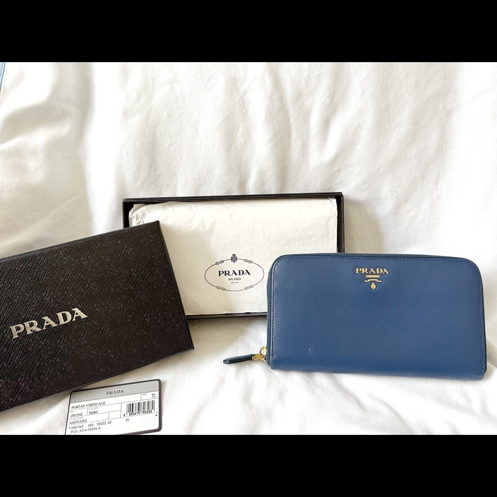 Prada Large Saffiano Leather Wallet in Bluette